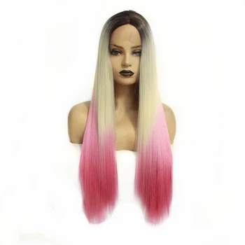 

Ombre Blonde Pink Synthetic Wigs for Women Long Straight Lace Front Wigs with Black Roots Heat Resistant Fiber Hair Cosplay Wig