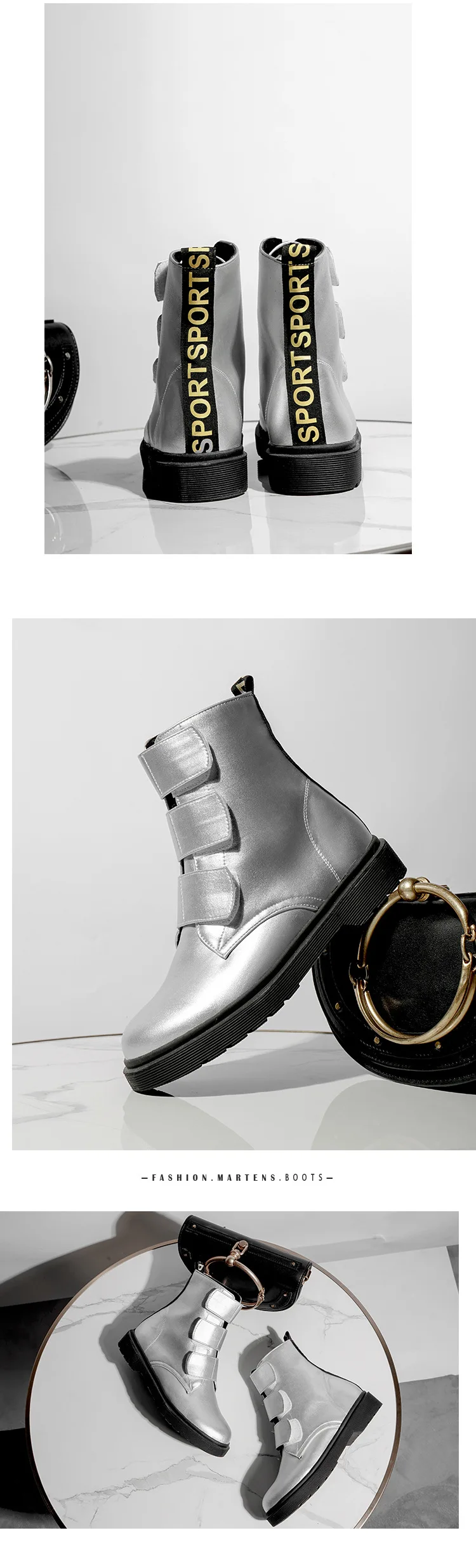 Botas mujer; повседневная черная обувь на застежке-липучке; женские Ботинки martin; модные брендовые женские ботильоны из искусственной кожи; Цвет Серебристый; женские ботильоны
