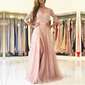 

Holievery Blush Pink Split Long Evening Dresses 2020 Illusion Body Half Sleeves Appliques Lace Evening Gowns