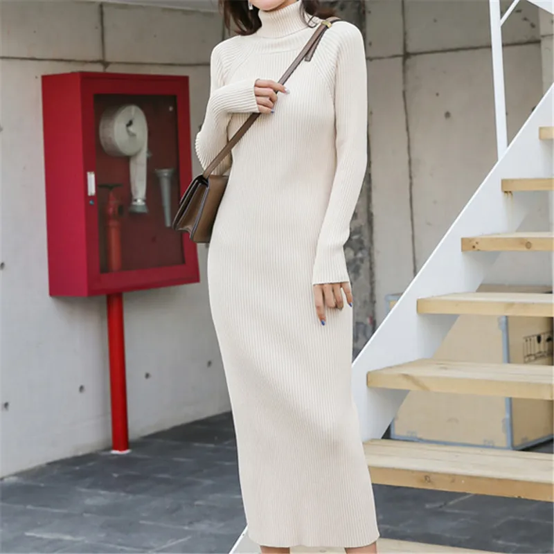 

Koraen Sweater Dress Women Knitted Sweater Dresses Elegant Woman Turtleneck Sweater Dress Woman Sweaters Bottom Bodycon Dresses