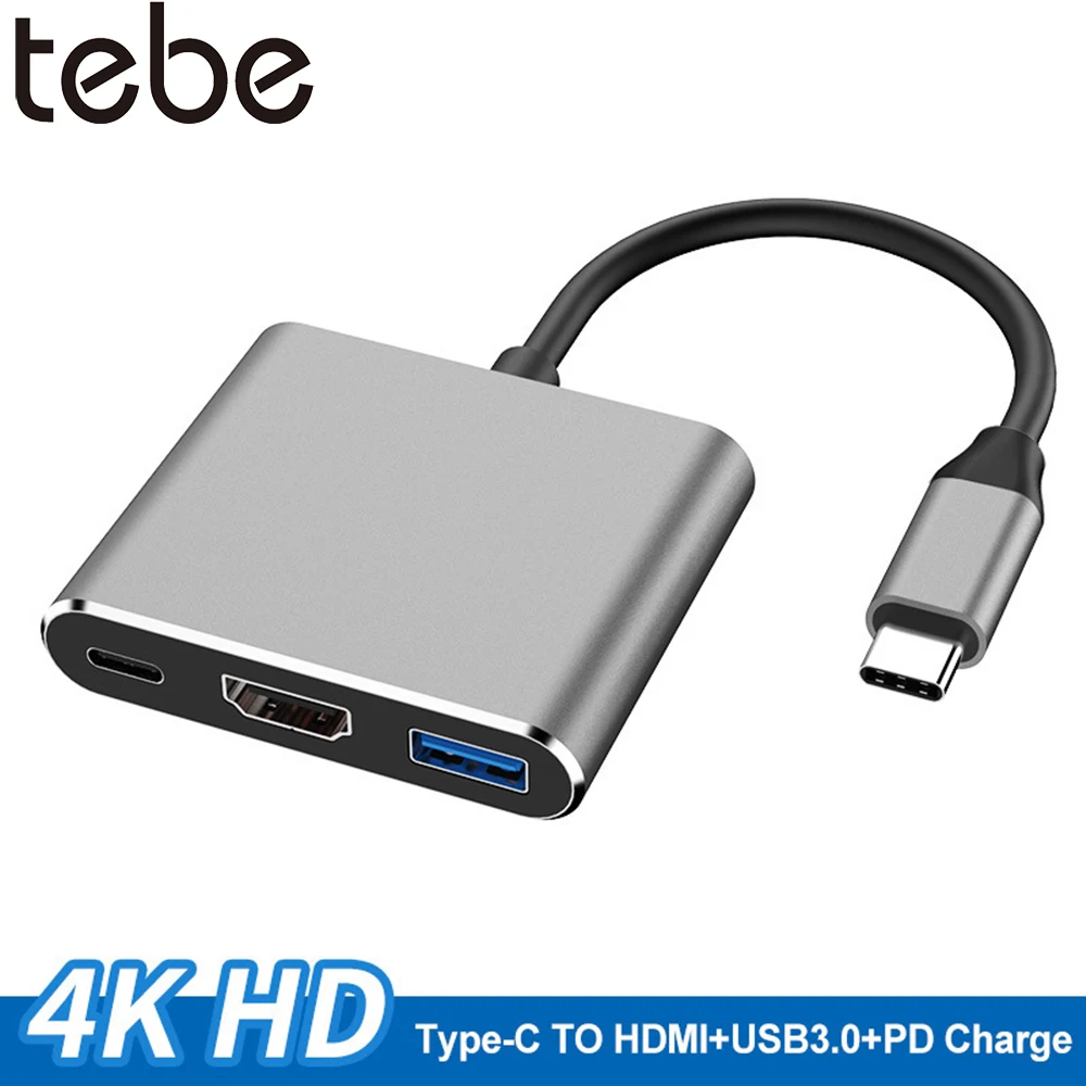 Tebe Тип с разъемами типа C и HDMI 3-в-1 конвертер голова USB 3,0 4K HDMI Быстрая зарядка PD высокая производительность Smart Hub для MacBook