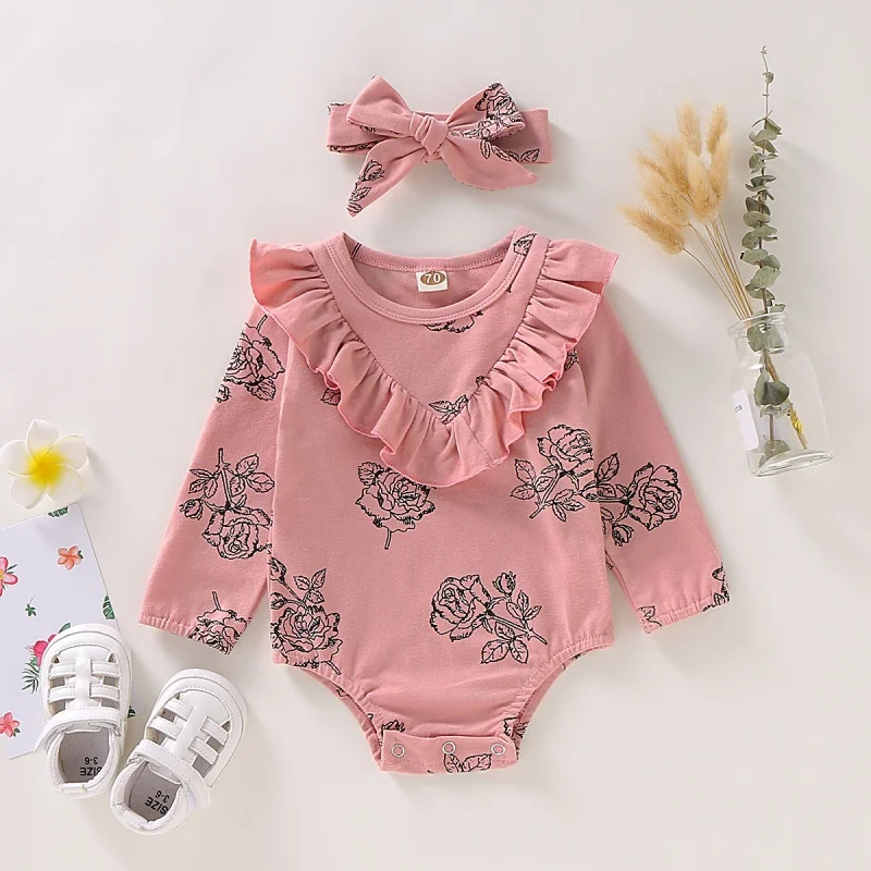 

0-18M Cotton Infant Baby Girls Long Sleeve Floral Print Rompers Kids Jumpsuit With Headband Newborn Clothes