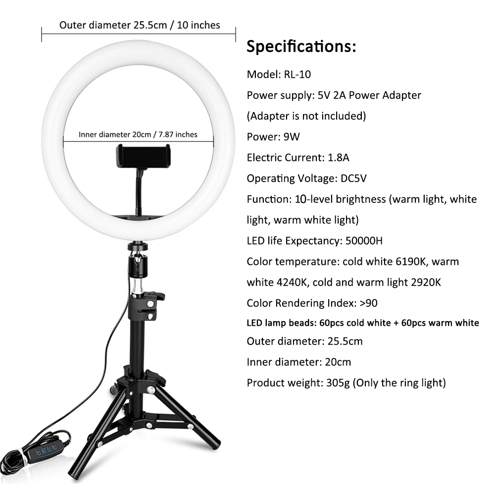  capsaver RL-10 26cm Mini LED Ring Light USB Ring Lamp Makeup Vedio Light with Phone Holder Tripod D - 4000313665025