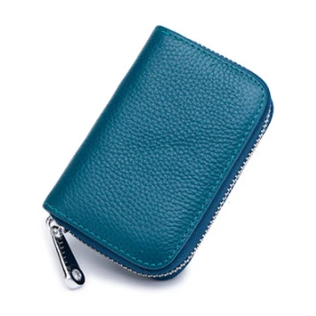 Genuine Leather Credit Card Case RFID Blocking Credit Card Holder Small Zipper Wallet with 12 Card Slots - Цвет: Leak Blue