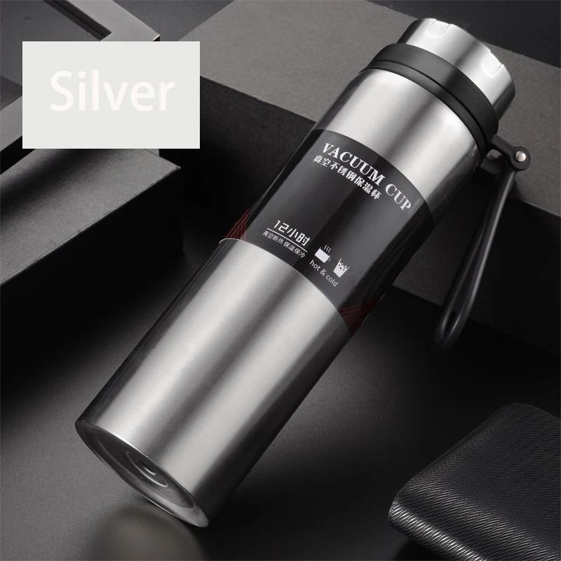 silver Открытый Термос с двумя стенками термосы из нержавеющей стали бутылка для воды портативные туристические термосы для офиса чашка 1Л/800 мл - Цвет: silver