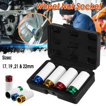 

New 4Pcs 1/2" DR Tire Protection Sleeve Wall Deep Impact Nut Socket Alloy Wheel 17mm 19mm 21mm 22mm Deep Impact Nut Socket Set