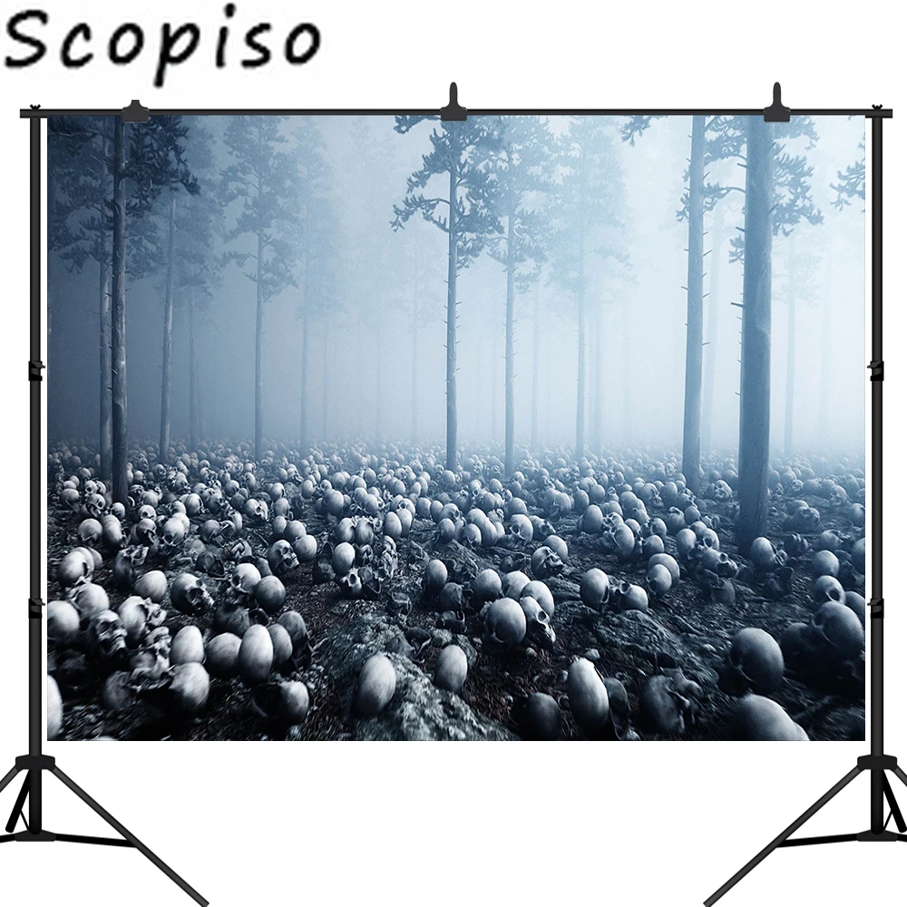 Scopiso Хэллоуин ужас фон фотография Туманный лес череп дерево профессиональная