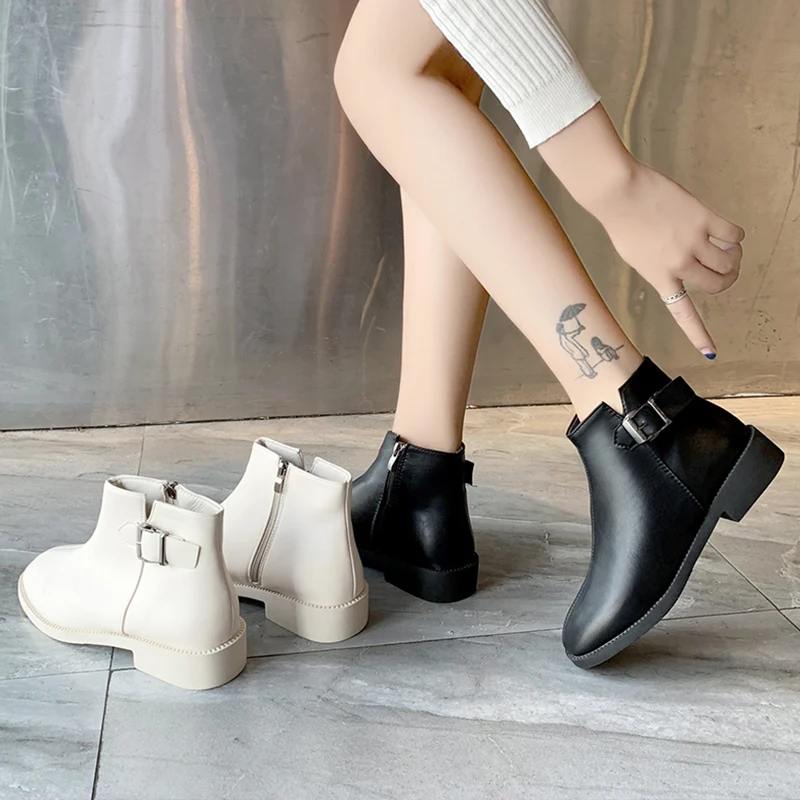 

Women's Rubber Boots Lace Up Autumn Shoes Bootee Woman 2019 Chelsea Round Toe Flat Heel Booties Ladies Luxury Designer Low
