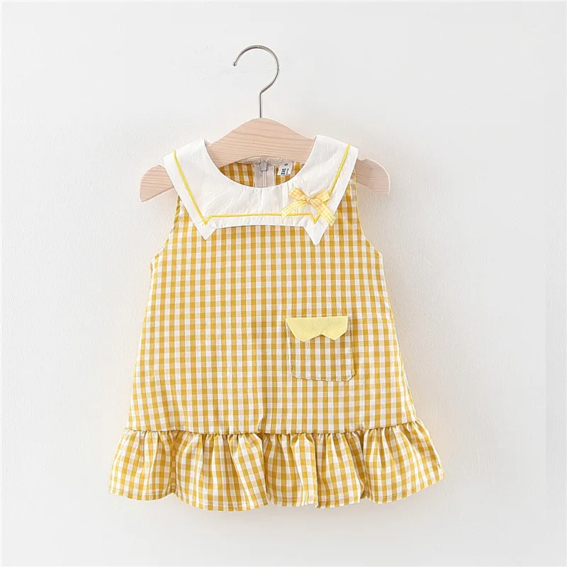 

2019 Summer Childrenswear Korean-style Solid Color Covered with Plaid Pocket Dress Small CHILDREN'S Children Shirt