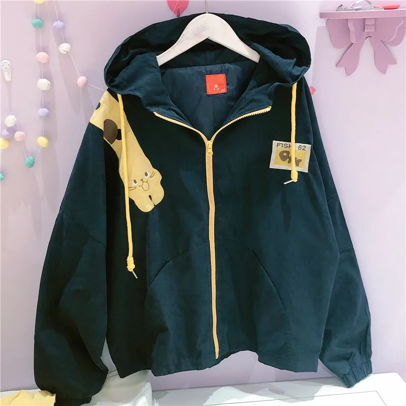 Черный Маленькие свежие Harajuku Mori милые девочки кошка вышивка Свободная куртка на молнии Мягкая сестра студентов Японские Женские пальто с капюшоном осень - Цвет: Черный