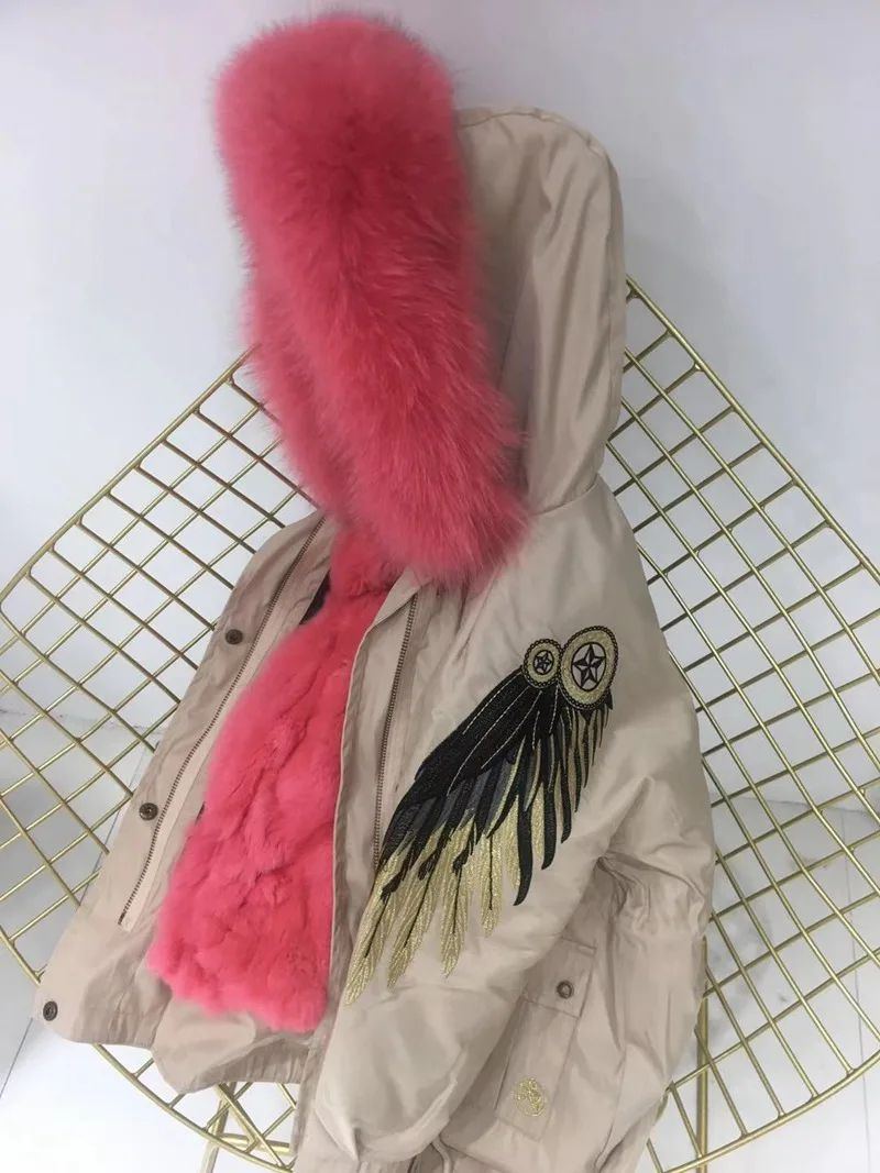 khaki watermelon fur Детский зимний комбинезон, детская зимняя куртка и пальто для мальчиков и девочек, парки из натурального меха кролика рекс с натуральным лисьим мехом, верхняя одежда с капюшоном - Цвет: khaki watermelon fur