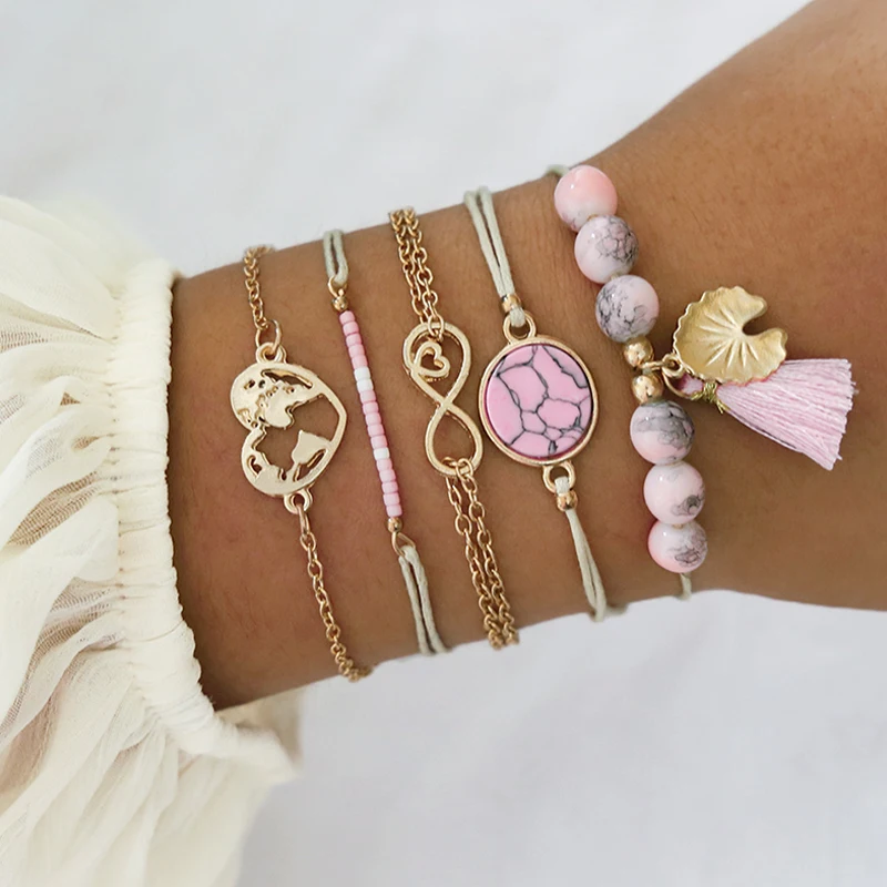 

5 Pcs/set Beach Retro Bracelets Heart Map Geometry Shell Tassel Beaded Infinity Bracelet Set Women Bohemian Jewelry Accessories