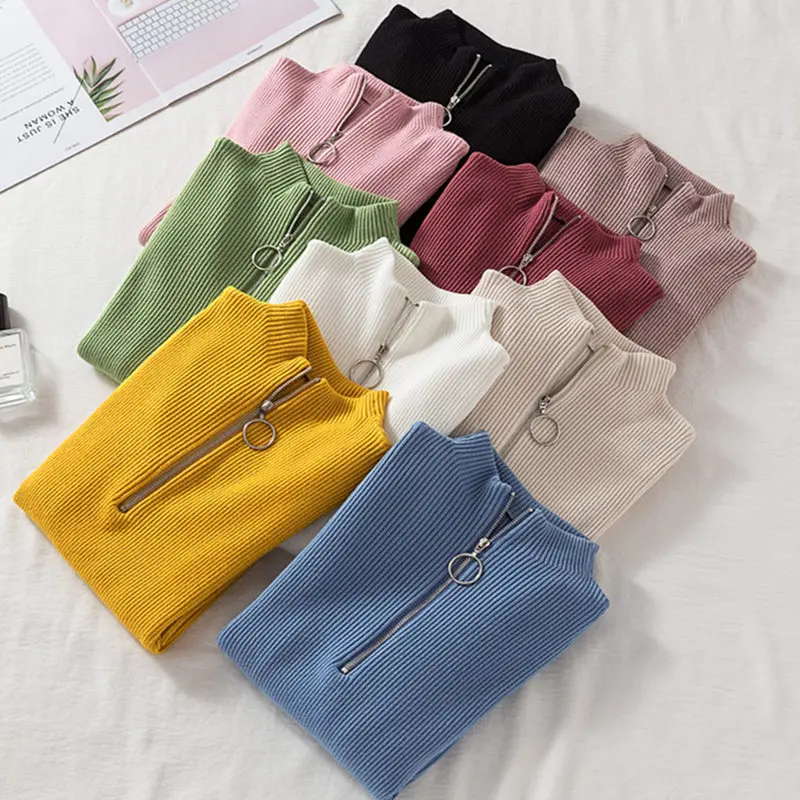 Zoki Zipper Women Sweater Autumn Pullover Knitted Jumper Long Sleeve Fashion Elegant Korean Chic Winter Female Blouse New | Женская