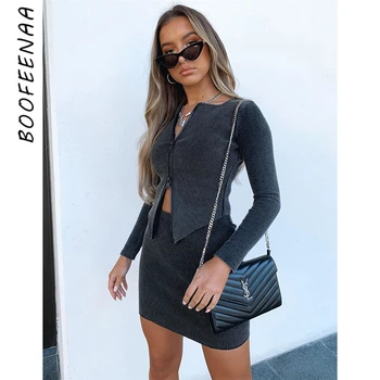 

BOOFEENAA Sexy Two Piece Outfits Ribbed Knitted Bodycon Long Sleeve Zipper Crop Top Cardigan Skirt 2 Pc Set for Women C83-CZ28
