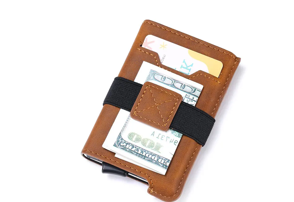 С функцией блокировки RFID кредитной держатель для карт Для мужчин минималистский Умный кошелек проходит металлический кожаный мужской тонкий банк алюминиевого карточного держателя карты Чехол