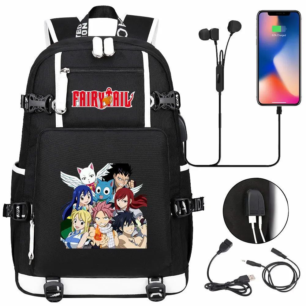 

Anime Fairy Tail Backpack Teenager Student School Multifunction USB Charging Bags Boy Girl School Bag Travel Rucksack Mochila