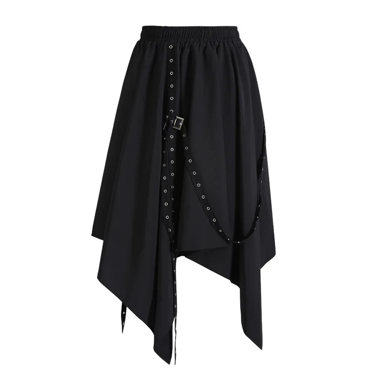 MEVGOHOT Irregularity Ruffles Black Pleated Woman Punk Skirt Autumn High Waist Draped All Match Street Webbing Skirt HD3047