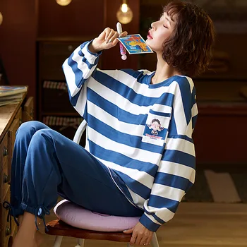 

Long Sleeve Cotton Autumn Winter Sleepwear Casual Sleep Set 2PCS Nightwear Cute Babydoll Pajamas Pyjamas Suit