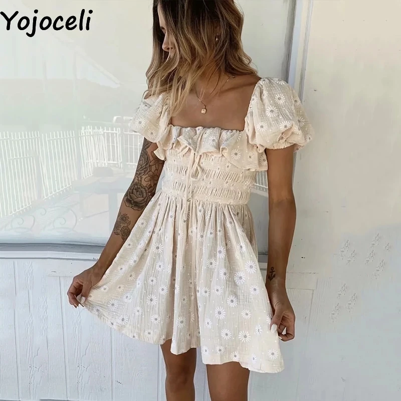 Женское Короткое платье Yojoceli летнее пляжное с цветочной вышивкой и оборками