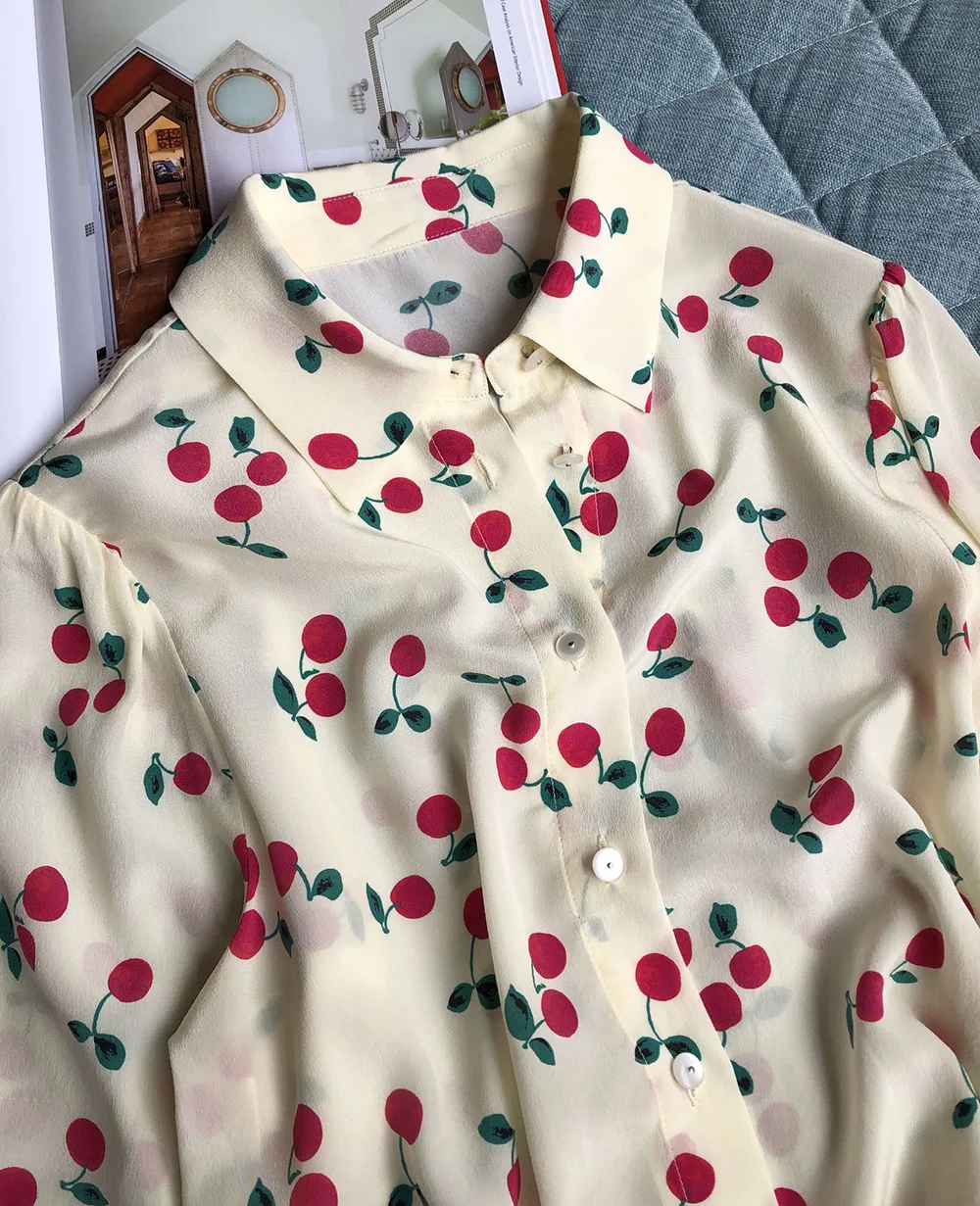 Ladies Cherry Print Silk 100% Lapel Long Sleeve Blouse Shirt Top 3