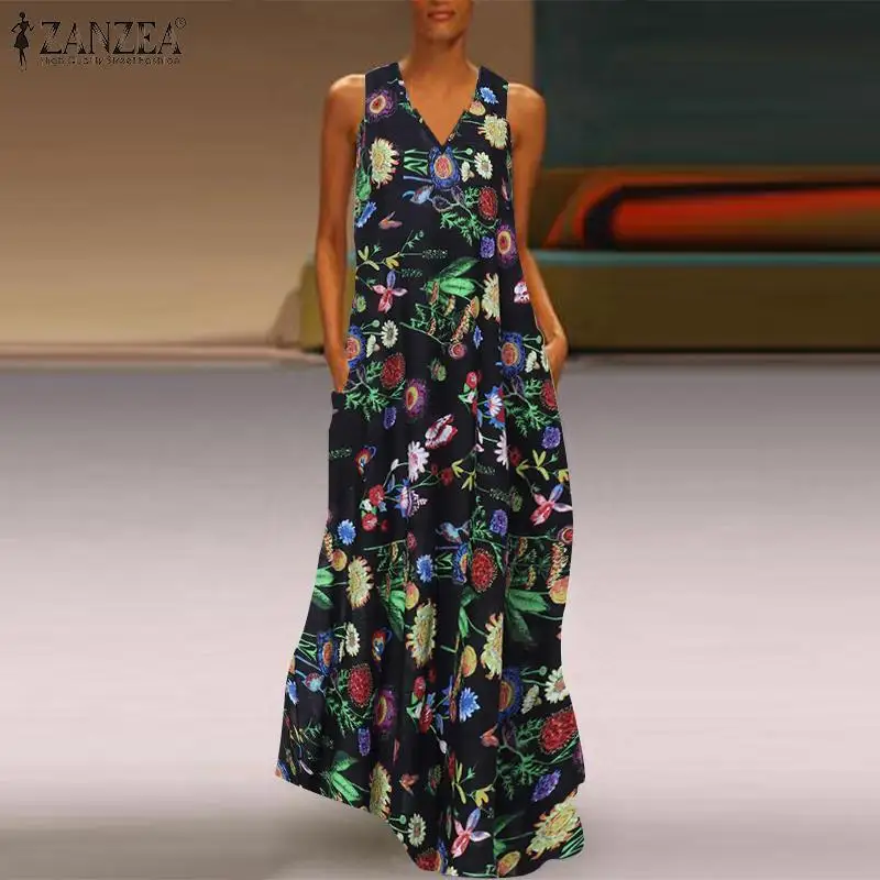 

2019 Women Floral Printed Tanks Dress ZANZEA Casual V neck Sundress Summer Vintage Sleeveless Beach Maxi Long Vestido Sarafasns