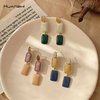 

HUANZHI 2020 New s925 Vintage Drip Glaze Geometric Enamel Metal Circle Drop Earrings For Women Girls Fashion Jewelry Gifts