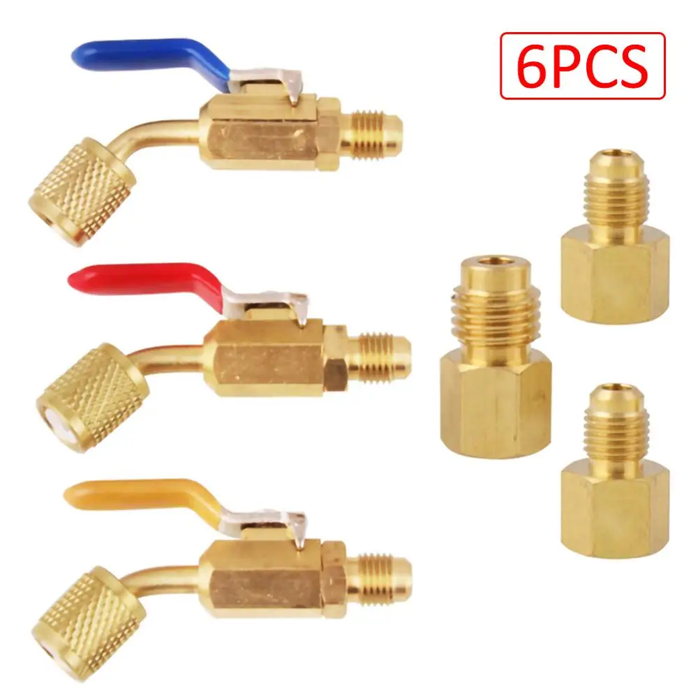 

6PCS Air Conditioning Refrigerant Angled Compact Ball Valve 1/4 Inch for Refrigerant Tank Adapter 6014 Vacuum Pump Adapter