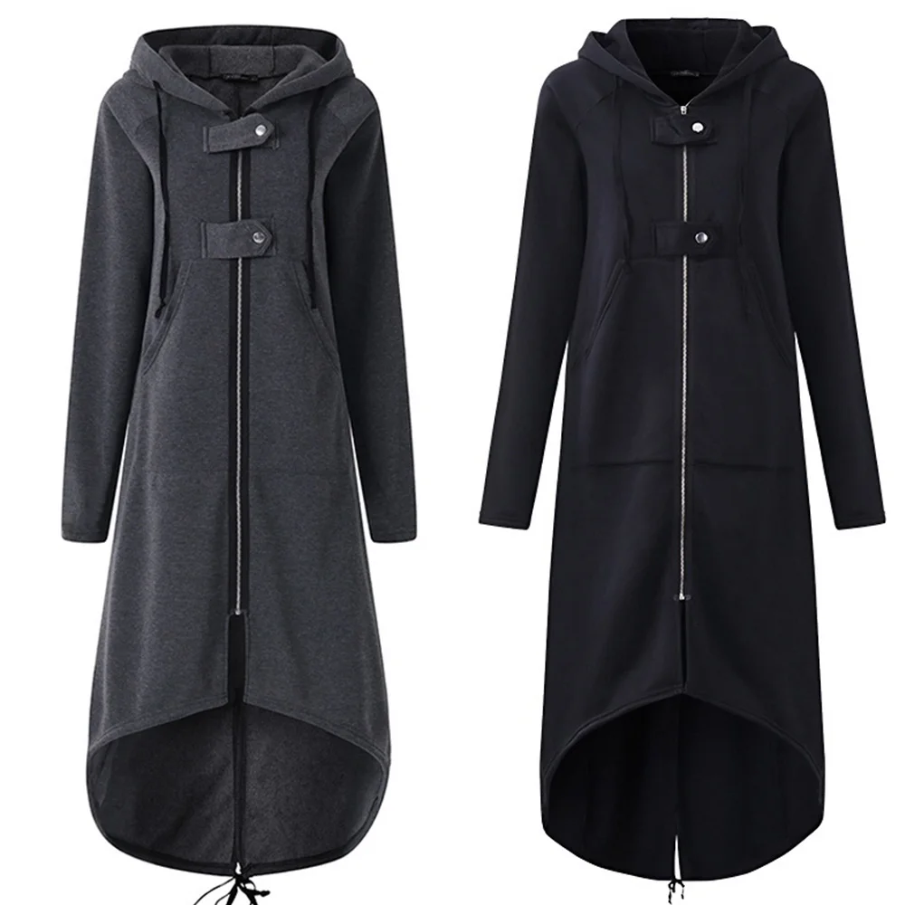 Женское осеннее модное пальто с длинным рукавом, черный Тренч с капюшоном, женское осеннее пальто на молнии с капюшоном, длинное пальто