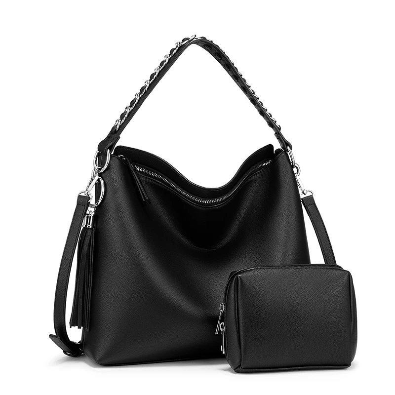 Женский набор сумок 2 шт. LOVEVOOK, большая сумка в руках, маленькая косметичка в руках, дамские сумки с короткими ручками на плечо, из высококачественной искусственной кожи - Color: Black