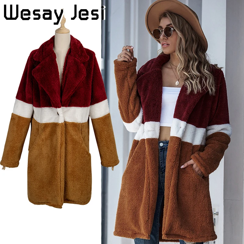 

2020 Fashion Women's Woolen Coat Colorblock Warm and Cold-proof Elegant Jacket Winter Long Long Sleeve Single Button Jacket