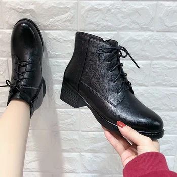

New Women Old Mother Female Ladies Shoes snow Boots Cow Genuine Leather Casual lace up Soft winter warm boots Size 34-41