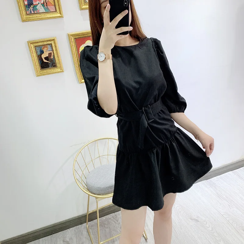 

2019 Summer and Autumn New Europe Sashes Women Dress Cotton Solid Color Ladies Dress Round Neck Half Sleeve Women Clothing