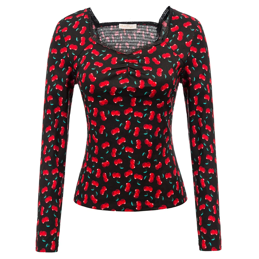 

Women Vintage Retro shirt Tops Cherries Pattern Long Sleeve Sweetheart Neck Cotton shirt clothes autumn winter basic slim blouse