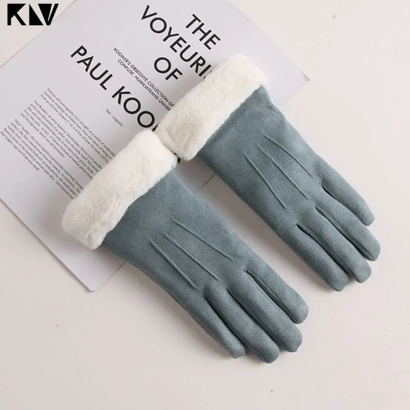 Women Girls Autumn Winter Touchscreen Gloves Solid Color Plush Cuff Thermal Thick Lining Suede Mittens Driving Ski Wrist Warmer