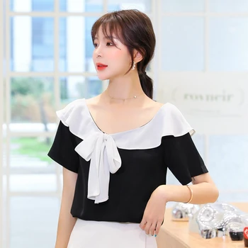 

COIGARSAM French Style blouse women New Summer Ruffles Chiffon Patchwork blusas womens tops and blouses Black 8806