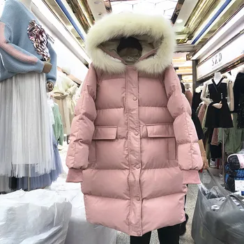 

Autumn Winter Women Pink Down Cotton Jackets Medium-long Loose Fur Collar Hooded Wadded Jacket Casual Female Warm Parkas