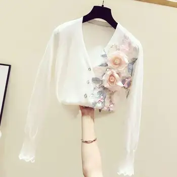 

2020 Spring Autumn New Korean-Style Hand-Made Embroidery Flower V-neck Long-Sleeve Knit Cardigan Women's Cardigan Coat Knitwear