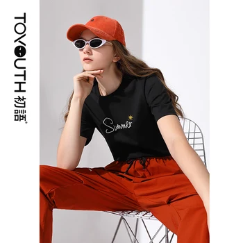

Toyouth 2020 Summer WomenTees Round neck Cotton Black Short Sleeve Top Letter Embroidered and Print Art Women T-shirt For Female