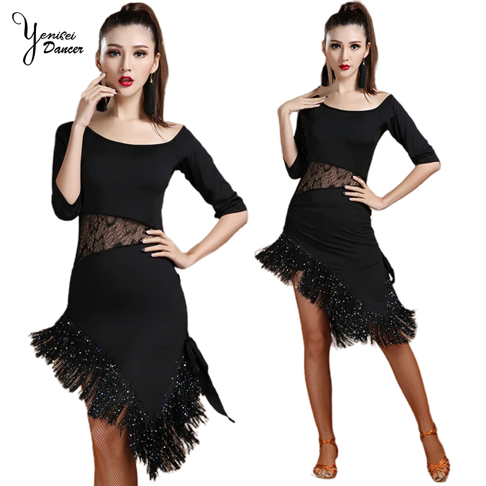 

Adult Latin Dance Costume Tassel Dress Black Pink Half Sleeve Ballroom Dance Black Dress Female Irregular Hem Mini Dress Latin
