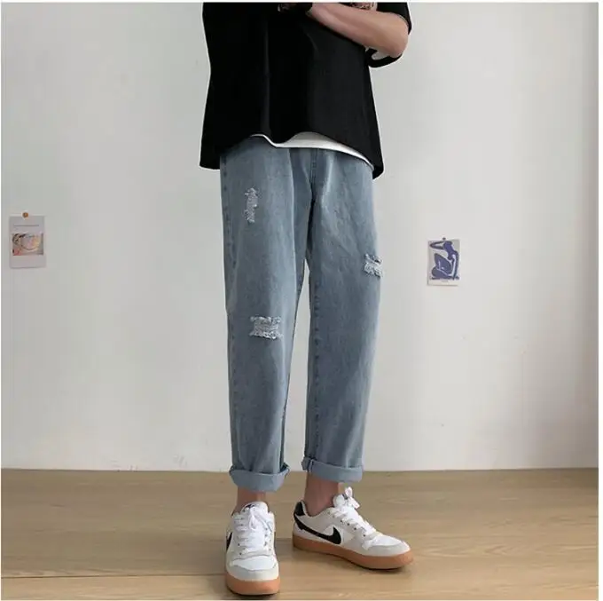 

Summer Jeans Men Streetwear 2020 Loose Mens Ripped Jeans Ankle Length All Match Casual Wide Leg Jeans For Men Black/Blue 3XL-S
