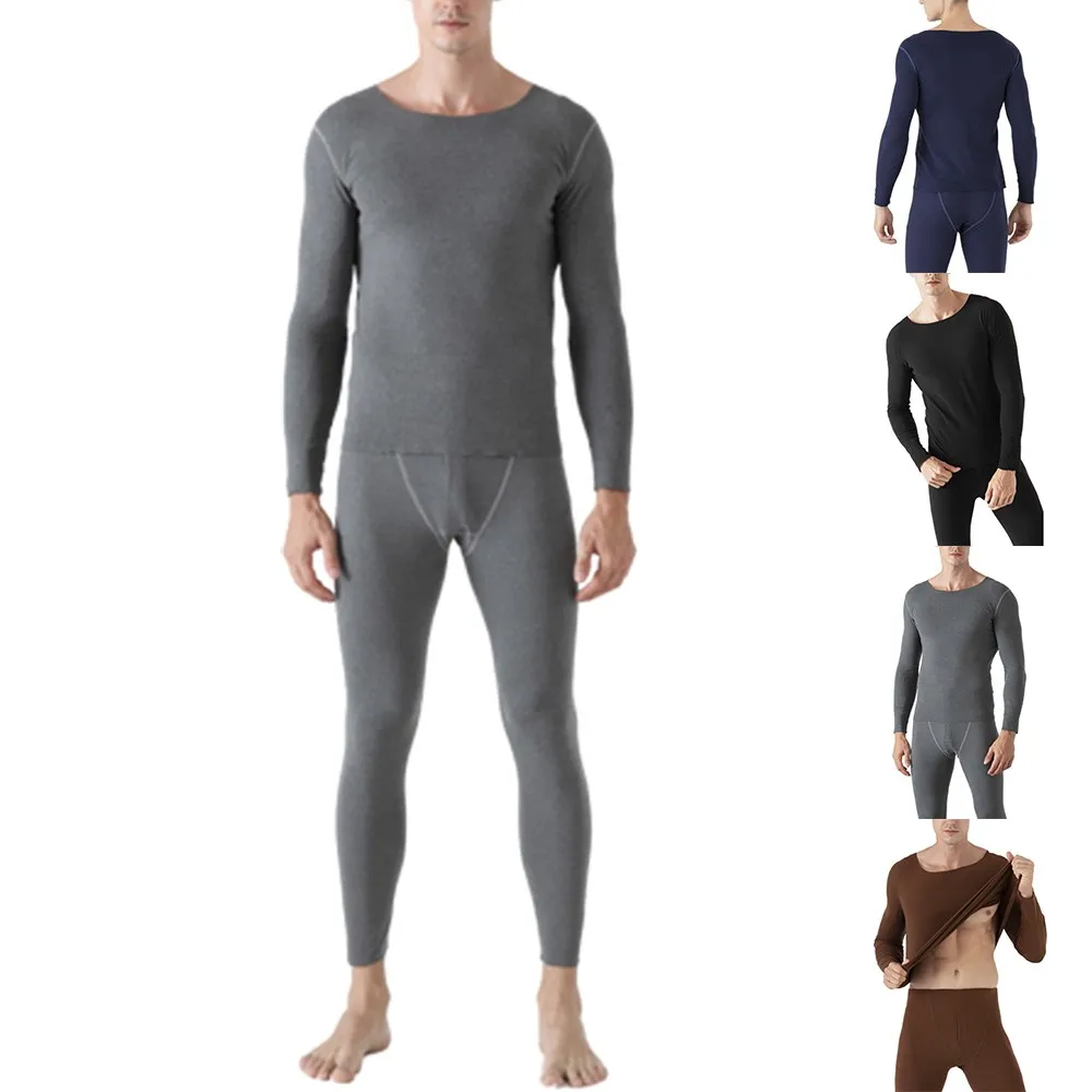 Oversize Men Double-Faced Fleece Thick Seamless Thermal Underwear Winter Long Johns Solid Bottoming Shirt Suit mens thermal long johns