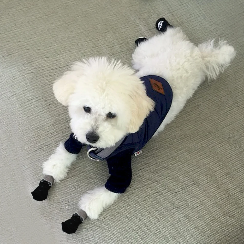 4PCS Anti-Slip Dog Shoes Pet Knitted Socks Cotton Small Medium Pets Booties No-Slip Paw Sole Dog Cat Puppy Doggie Shoes M L XL