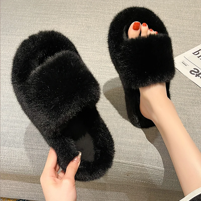 

2021 Women Fur Slippers Soft Indoor Slippers Women Comfortable Furry Slippers Ladies Thick Platform Shoes Woman Home Ladies Flat