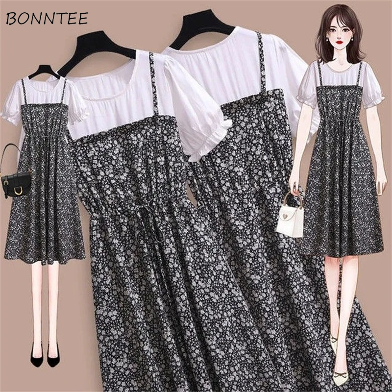 Dresses Women Patchwork Summer Tender Chic Vestidos Fake Two Piece Femme Casual Ulzzang Preppy Style Retro Large Size Soft Party business casual women