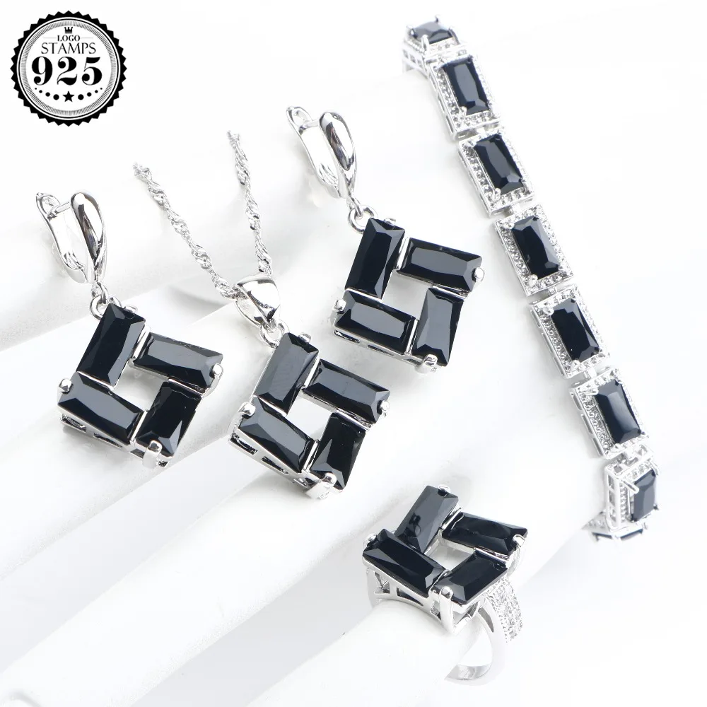 Women 925 Sterling Silver Jewelry Sets Earrings Balck Zircon Wedding Stones Bracelet Ring Pendant Necklace Set Gifts Box | Украшения и