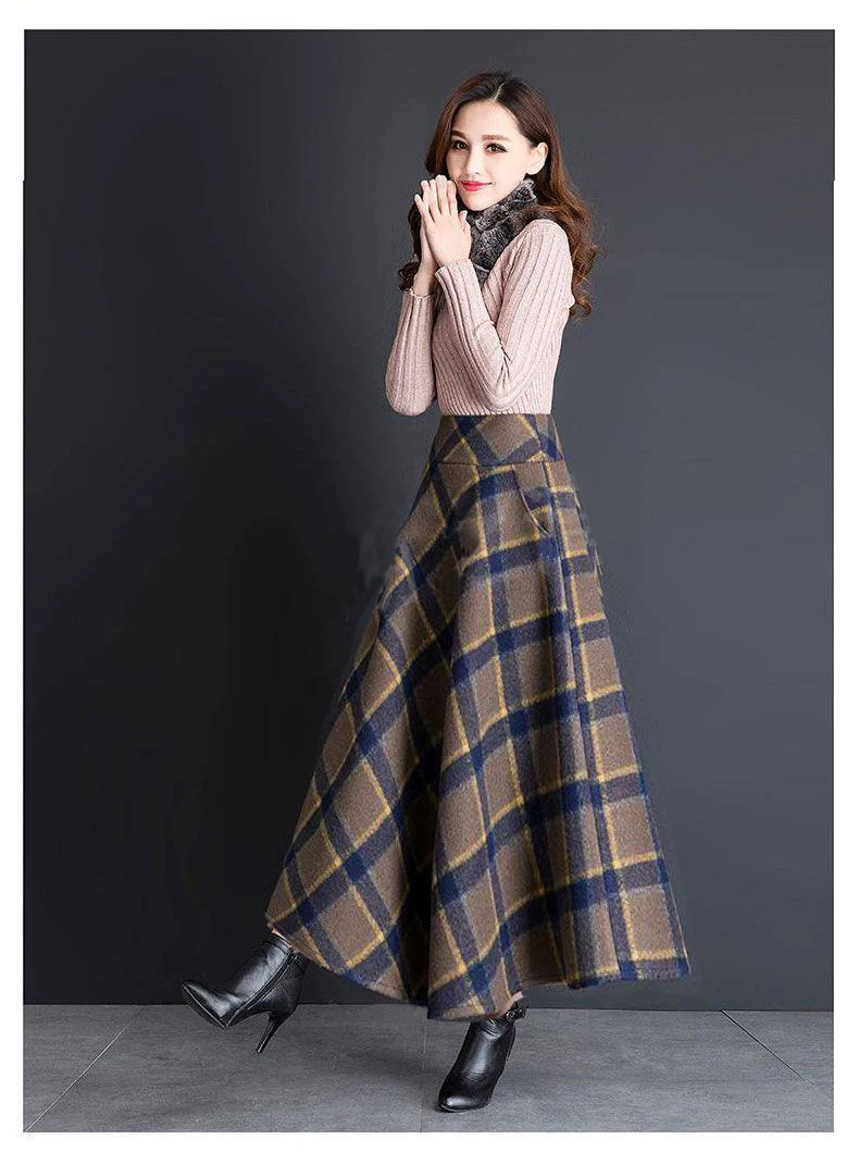 FairyShely 2020 High Waist Plaid Pleated Skirt Women Vintage Pocket Woolen Plus Size Maxi Skirt female Korean Tweed Long Skirt mini skirt