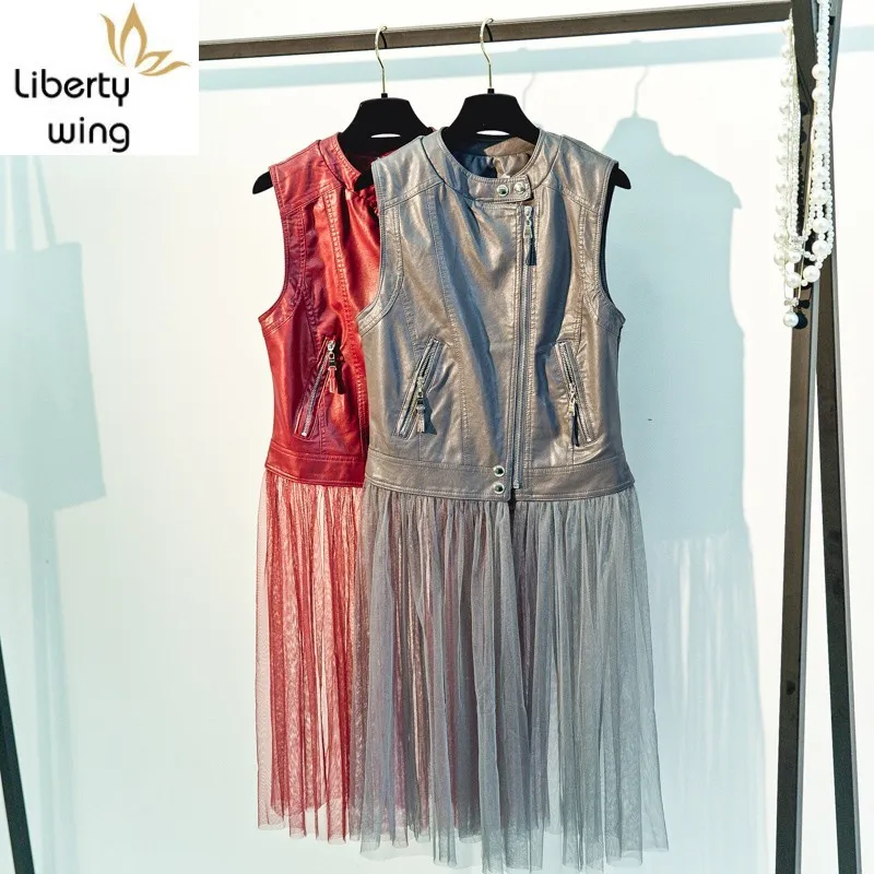 

Новинка осени 2020, Женский марлевый Длинный жилет в стиле пэчворк, повседневная байкерская куртка на молнии без рукавов из искусственной кожи, Приталенный жилет, топы