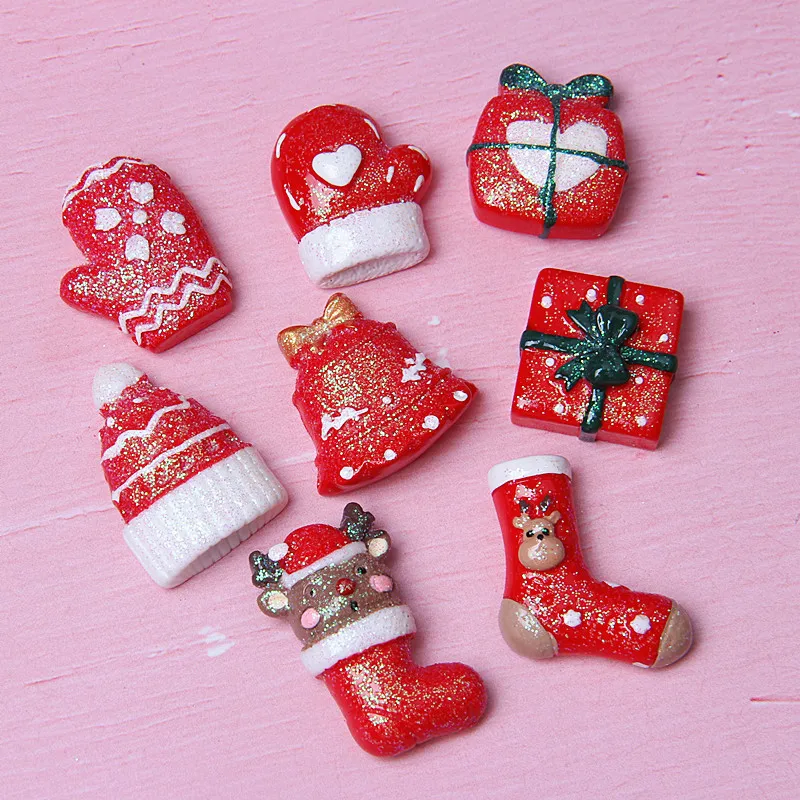 

Mini Order 10pcs/Lot Red Glitter Christmas Style Resin Cabochons Flatback Clay Beads Charm Material Embellishments Scrapbooking
