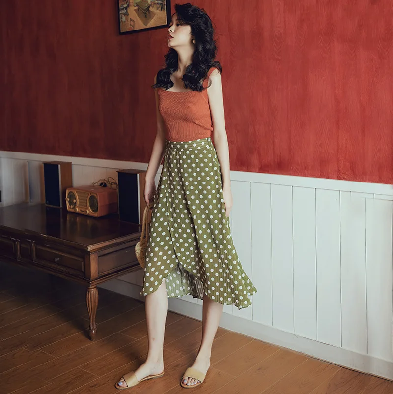

Summer Retro Holiday Skirt Chiffon Light Green Polka Dot Literature And Art Half-length Short Skirt