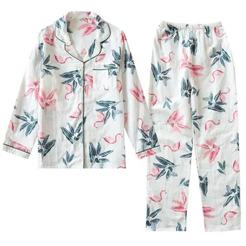 

2020 Women Spring And Autumn Flamingo Printed Pajamas Set Comfort Breathable Sleepwear Ladies Fresh Style Full Sleeve House Wear